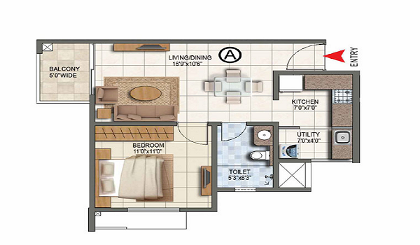 1 BHK, 650 – 800 sq.ft. floor plan at Sattva Bannerghatta Road