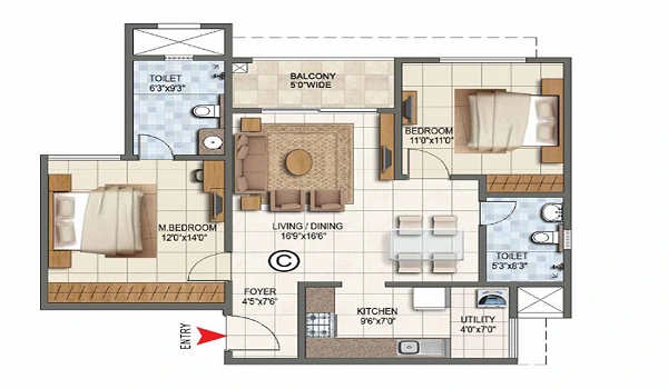 2 BHK, 1,050 – 1,300 sq.ft. floor plan at Sattva Bannerghatta Road