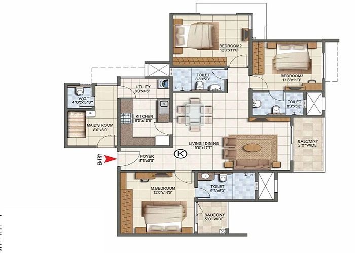 3 BHK, 1,600 - 1,900 sq.ft. floor plan at Sattva Bannerghatta Road